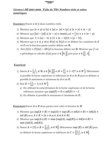 MATHS SUP L1 MATHS INFO TRAVAUX DIRIGES N°2 ANALYSE NOMBRES REELS ET SUITES NUMERIQUES BY TEHUA