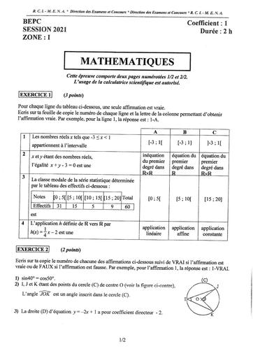 EPREUVE BEPC 2021 MATHEMATIQUES Zone 1 COTE D'IVOIRE By Tehua