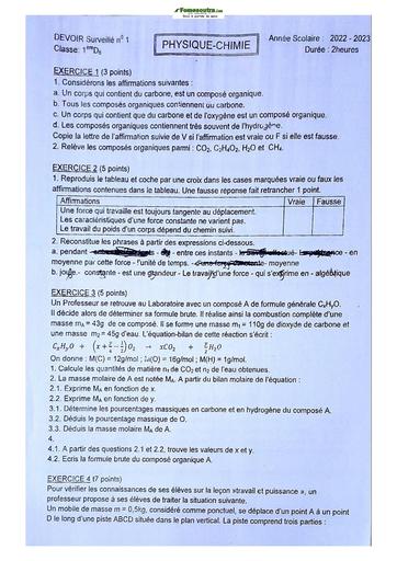 Sujet de Physique-Chimie Niveau Première D Lycée Classique Abidjan 23