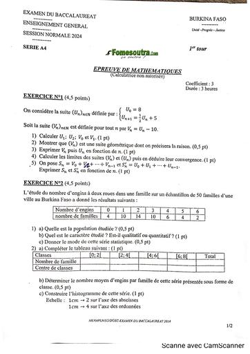 SUJET+BAREME BAC 2024 MATHS SERIE A4 BURKINA FASO by Tehua