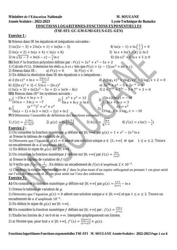 SOUGANE EXO FONCTIONS LOGARITHMES FONCTIONS EXPONENTIELLES 1