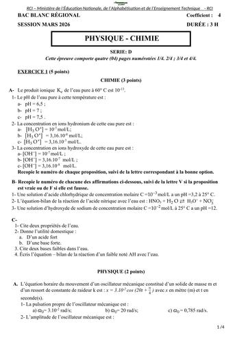 BAC blanc MARS 2026 PC SERIE D SUJET+BAREME Drena ABIDJAN 3 By TEHUA