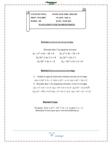 DEVOIR DE MATHS 2nde A N°4 LYCEE DE WONA 2022 BY TEHUA