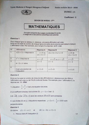 DEVOIR DE MATHÉMATIQUES NIVEAU 3e L M NANGUI ABROGOUA 2 D'ADJAME