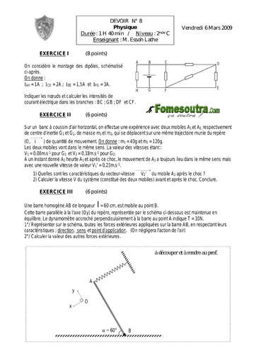 Devoir (10) de Physique-chimie 1ère D EMPT Bingerville