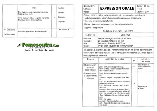 La présentation de la famille - Fiche pour enseignant CP1