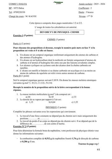 DEVOIR DE PC 1ièrec D COMEF DALOA 2026 BY TEHUA