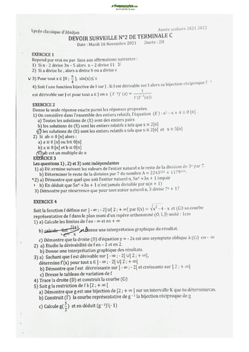 Devoir de Mathématique Terminale C 2021-2022