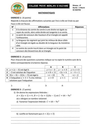 DEVOIR DE MATHS NIVEAU 4ième MERLAN AVRIL 2026 by TEHUA