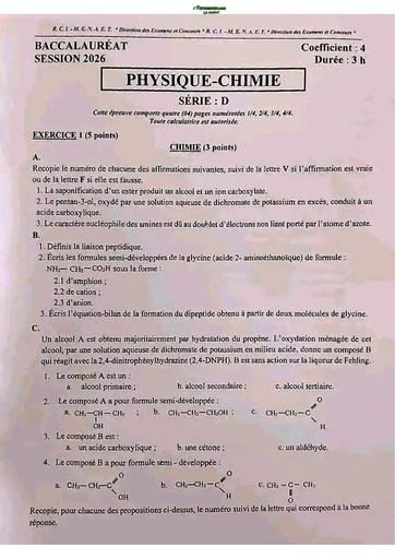 BAC 2026 PC série D sujet+ barème Ci By TEHUA
