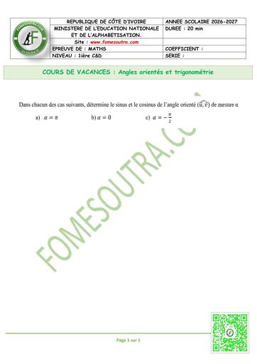 FICHE 5 MATHS 1ière C&D Angles orientés et trigonométrie by TEHUA