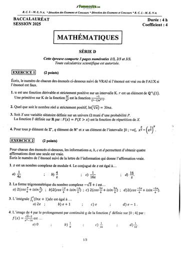 BAC 2025 Côte d'Ivoire SUJET+ BAREME MATHEMATIQUES SERIE D BY TEHUA