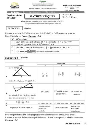 DEVOIR DE MATHS NIVEAU 3ième 2021 BOUNDIALI BY TEHUA
