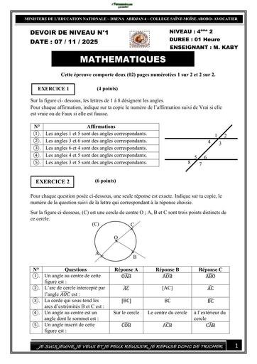 DEVOIR DE MATHS NIVEAU 4ième sur les ANGLES BY TEHUA