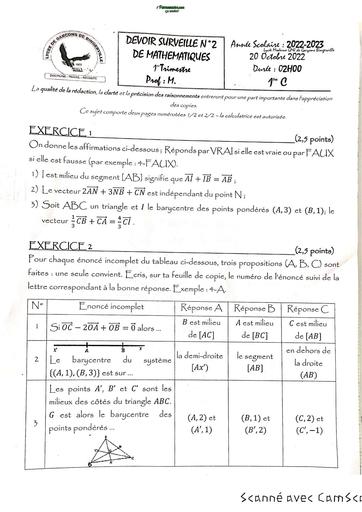 DEVOIR DE NIVEAU MATHS 2nde C TRIMESTRE 1 LYCEE JEUNE GARCON DE BINGERVILLE 2023 BY TEHUA