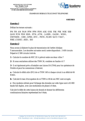 Sujet de reseaux telecom et telephonie