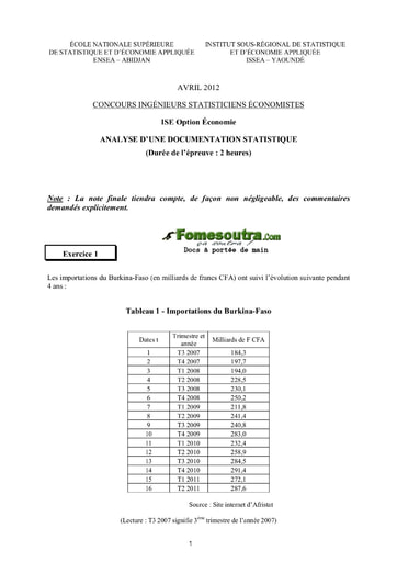 Sujet Analyse d'une documentation statistique ISE option économie 2012 (ENSEA - ISSEA)