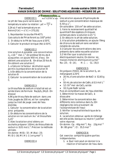 Sujet (6) Solutions aqueuses – Mesure de pH - Chimie Terminale C