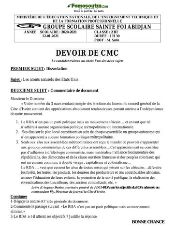 Sujet (1) de Commentaire composé (CMC) niveau BAC Technologique (BT) - Groupe Scolaire Sainte Foi Abidjan
