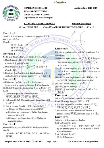 FICHE DE TD MATHS APPLICATION DU PRODUIT SCALAIRE 1ère S BY TEHUA