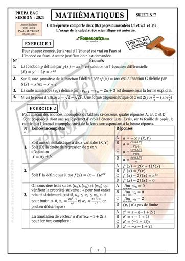 SUJET 7 PREPA BAC 2024 MATHS SERIE D by Tehua