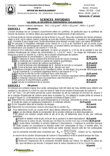 Sujet de Physique-chimie des BAC S2 S2A S4 et S5 2011 - Sénégal
