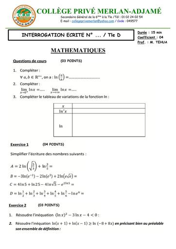 INTERROGATION ECRITE MATHS NIVEAU Tle D   FONCTION LN by TEHUA