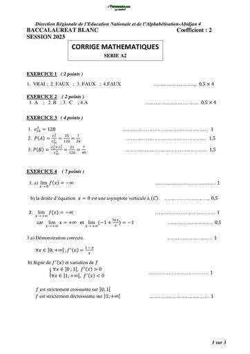 BAC BLANC 2023 SUJET DE MATHS SERIE A2 DRENA ABIDJAN 4 BAREME BY TEHUA