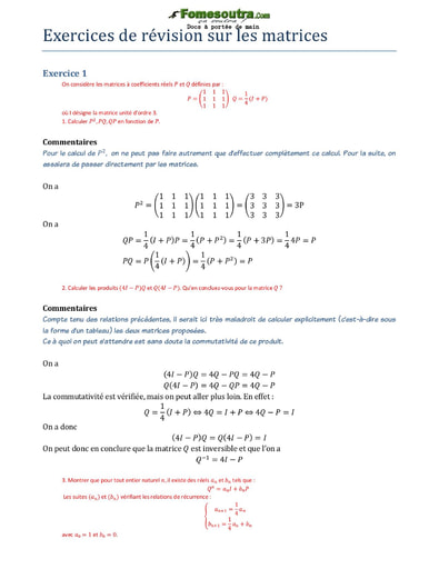 Exercices de révision sur les matrices