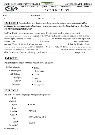 Devoir Histoire-Géographie Niveau 4ème