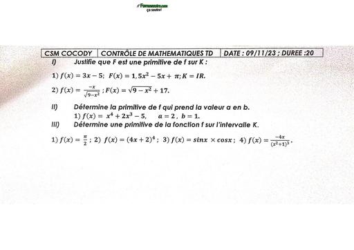 INTERRO ECRITE DE MATHS NIVEAU Tle D CSM DE COCODY BY TEHUA