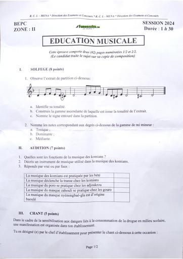 Bepc 2024 zone 2 EDUCATION MUSICALE by Tehua