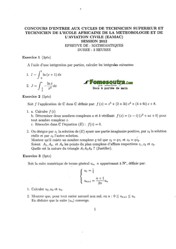 Sujet de Maths Concours EAMAC cycle Technicien Supérieur et Technicien session 2012