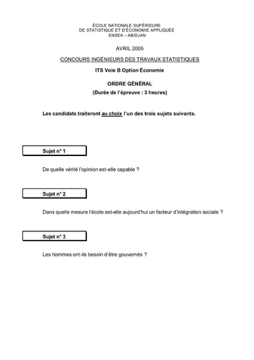 Sujet d'ordre générale ITS B option Economie 2005 (ENSEA - ISSEA - ENSAE)