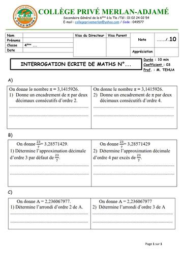 INTERROGATION ECRITE N°2 MATHS 4ième  MERLAN DECEMBRE 2025 (NOMBRES DECIMAUX RELATIFS) BY TEHUA