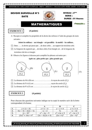 Devoir maths 4ième trimestre 2 2025 ( calcul litteral et cercle et triangle) BY TEHUA