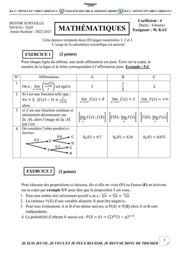DEVOIR DE NIVEAU MATHS Tle D TRIMESTRE 1 BOCABO 2023 BY TEHUA