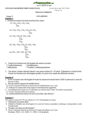 Sujets de physique-chimie les amines-mouvement du centre d'inertie niveau Terminale D - Collège Moderne HKB Tanguelan