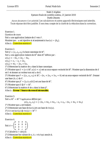 Sujet corrigé de Mathématiques II (Algèbre) - Licence Sciences et technologie - 2010