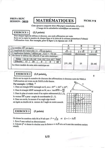 Fiche 9+corro prepa Maths bepc 2023