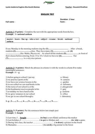 DEVOIR ANGLAIS N°2 NIVEAU 5ième ANNEE 2027 LMEAAA BY TEHUA