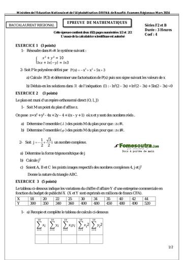 SUJET DE MATHS BAC REGIONAL Série F2 et B DRENA BOUAFLE 2024