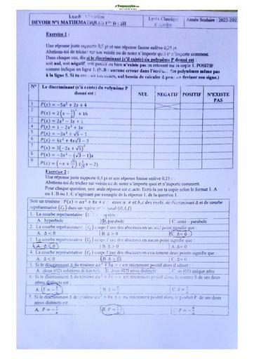 Sujet de Mathématique Première D Lycée Classique Abidjan 2022-2023