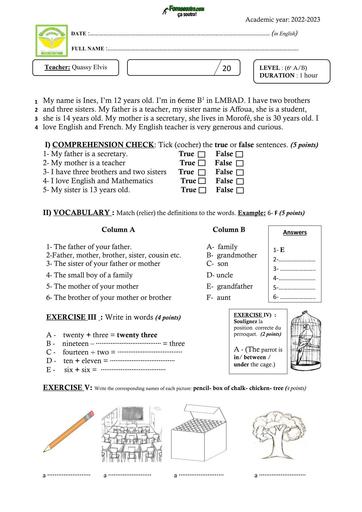 DEVOIR ANGLAIS NIVEAU 6ième 2023 QE BY TEHUA
