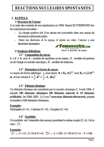 Réactions nucléaires spontanées - Cours Physique