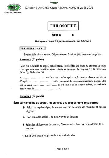 BAC BLANC FEVRIER 2026 DRENA ABIDJAN NORD SUJET PHILOSOPHIE SERIE A (SUJET) by TEHUA