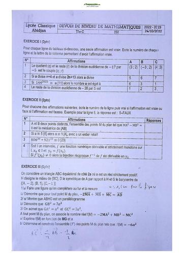 Sujets de Mathématique série C Lycée Classique d'Abidjan 2022-2023