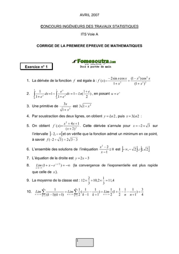 Corrigé 1ère épreuve de maths ITS A 2007 (ENSAE - ISSEA)