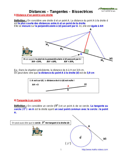 Distances – Tangentes – Bissectrices - Cours maths niveau 4eme