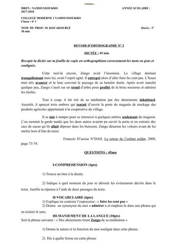 DEVOIR d'orthographe 6ième Lycée Moderne 1 Yakro 2018 by Tehua